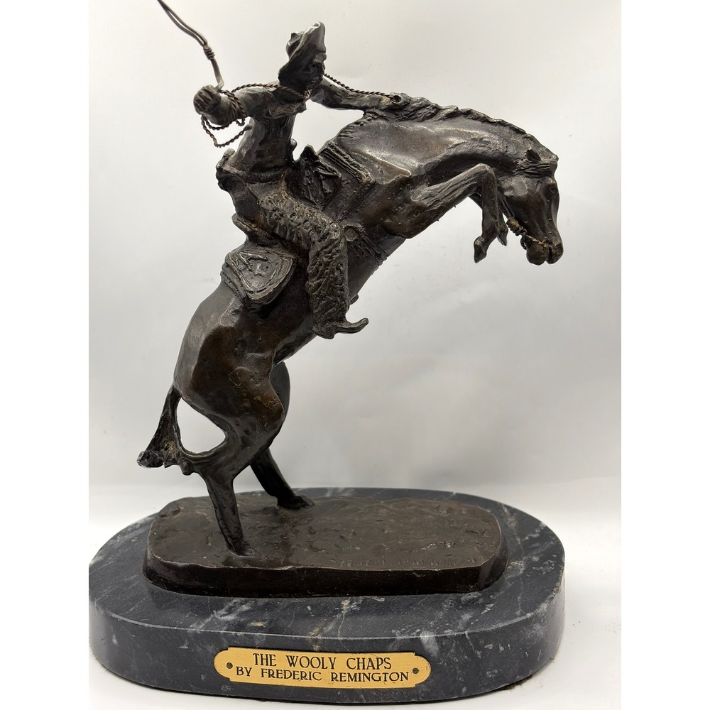 Frederic Remington The Wooly Chaps Bronze Cowboy Horse Sculpture Marble Base